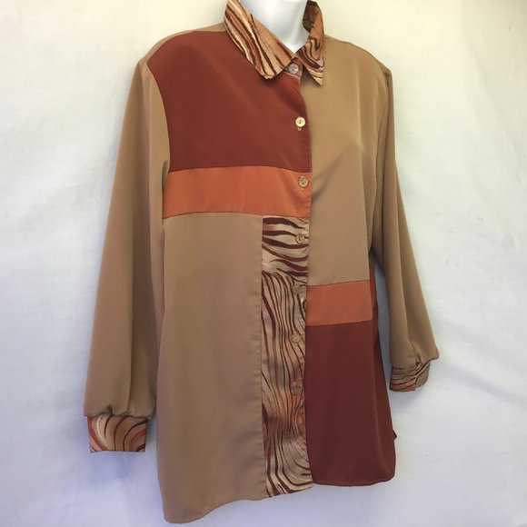 Maggie Sweet Womens Top Brown Long Sleeve Button Up Blouse Tunic Shirt Padded PL - Picture 3 of 8